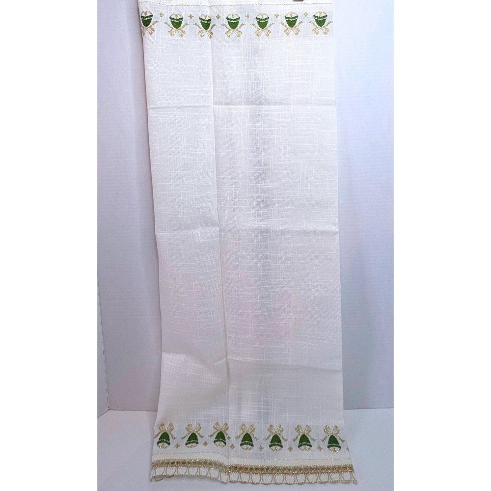 VTG Jolentex West Germany Table Topper Embr. Christmas Green Gold Bells‎ 32X32